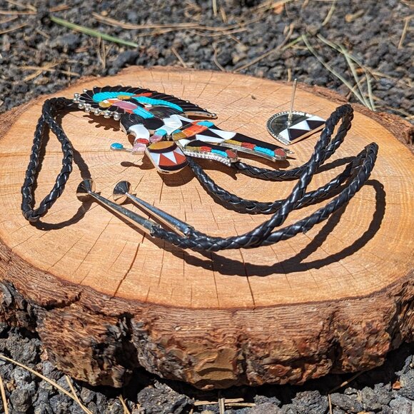 Bolo Tie Zuni Native American Sterling Silver Inlay Rare Chief‎ Ceremonial *** - Picture 6 of 12